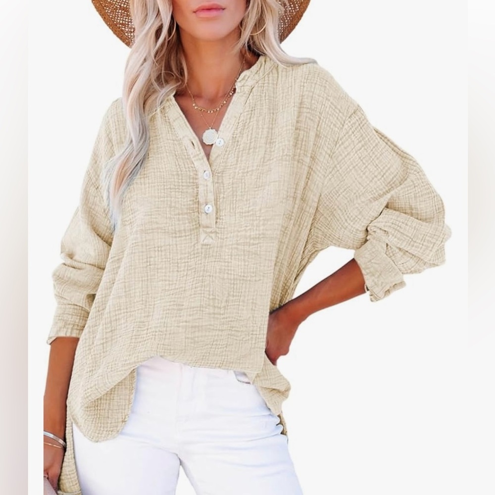 Dokotoo Womens Casual Button V Neck Long Sleeve Shirt - small 🏖️
Apricot